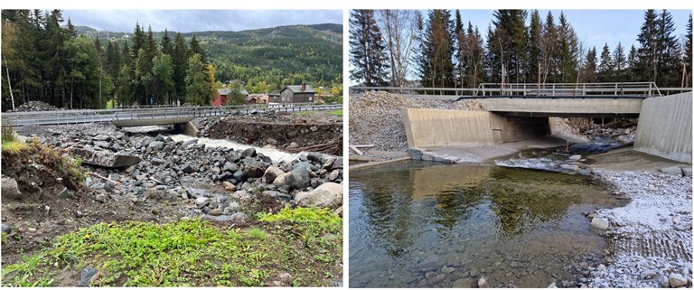 Bildene fra begynnelsen av august 2023 og nå illustrerer både skadene og omfanget av arbeidene som er gjort og hvor mye bedre brua og elveløpet nå er sikret mot fremtidig uværssituasjoner. Legg merke til de nye vingemurene og tilretteleggingen for vannføring i elveløpet. Etter at dette bildet ble tatt har det også blitt montert nytt rekkverk på brua. Foto: Statens vegvesen.