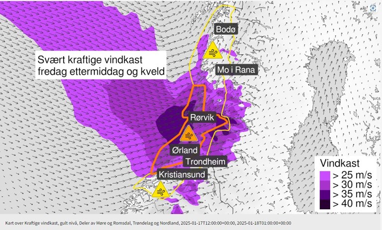 Det er i perioden 13 -21 det vil blåse som verst, og det vil være krevende forhold på veiene i hele Møre og Romsdal,  Trøndelag og opp mot kysten av Nordland. 