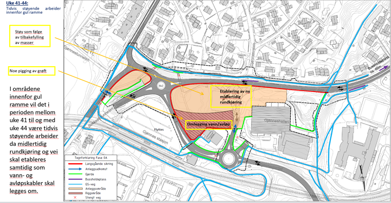 Illustrasjonen viser kart over anleggsområdet og planer for hvor det støyende arbeidet vil foregå. 