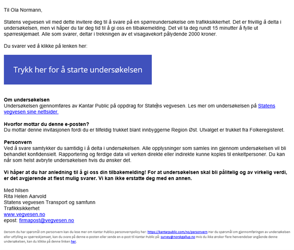 De som er trukket ut til å svare på undersøkelsen får en slik e-post fra Statens vegvesen.