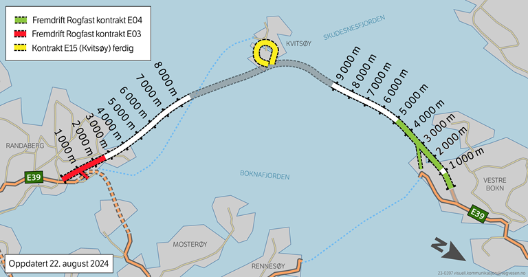 Bildet viser en kartillustrasjon over tunneltraséen for E39 Rogfast, og den er utarbeidet av Implenia/Stangeland. 