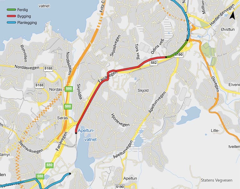 Bildet er av eit kart som viser delstrekning 2 på Sykkelstamvegen i Bergen som no skal bli bygd ut. Strekningen er markert med rød farge og går frå Apeltunvannet til Nesttunbrekka.