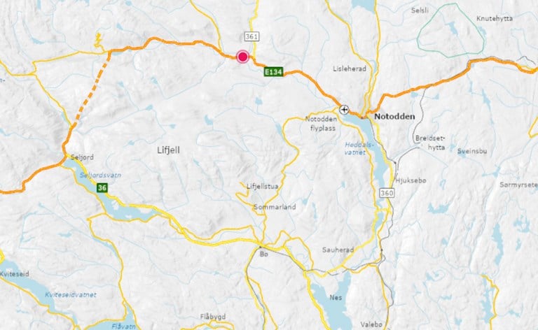 Oversiktskart hvor Landsverk bru er markert med en rød sirkel. 
