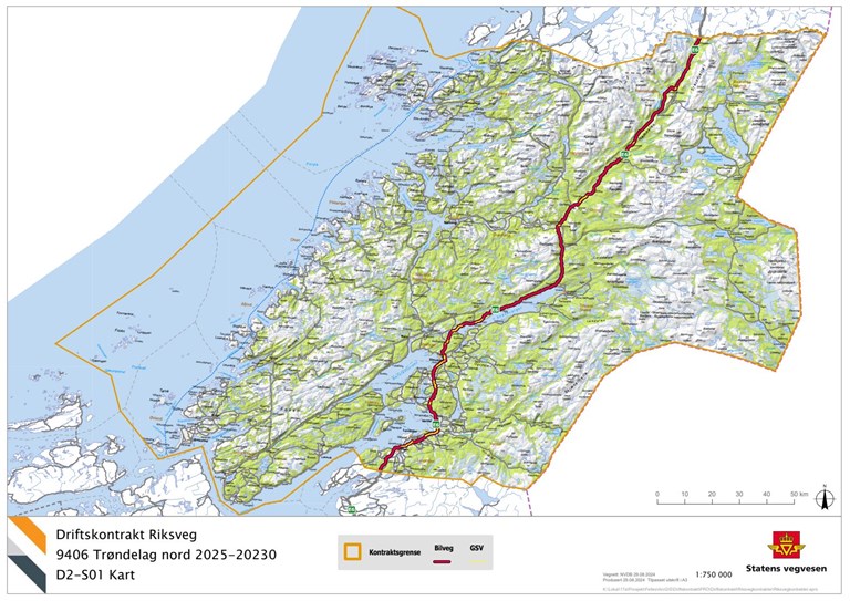 Kart som markerer strekningene i driftskontrakt riksveg 9406 Trøndelag nord.