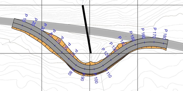 Teknisk tegning av den 180 meter lange omkjøringsveien som skal bygges.