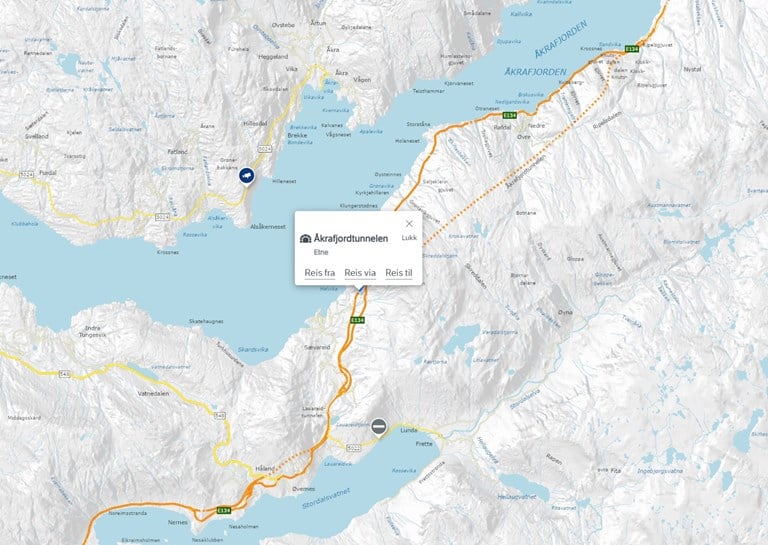 E134 Åkrafjordtunnelen.  Kart: Statens vegvesen