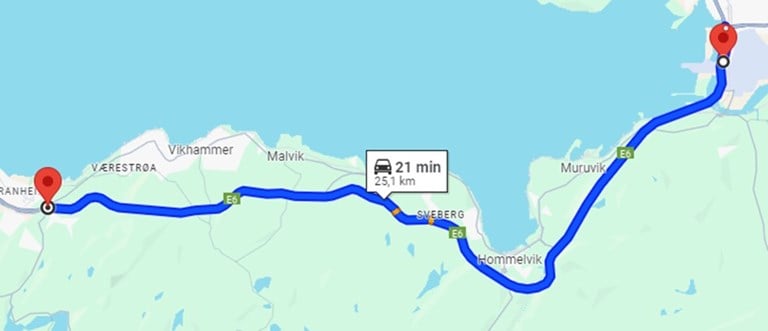 Kart: Det er på strekningen mellom Ranheim og Stjørdal asfalteringsarbeider vil pågå fra og med søndag og en drøy måned fremover.