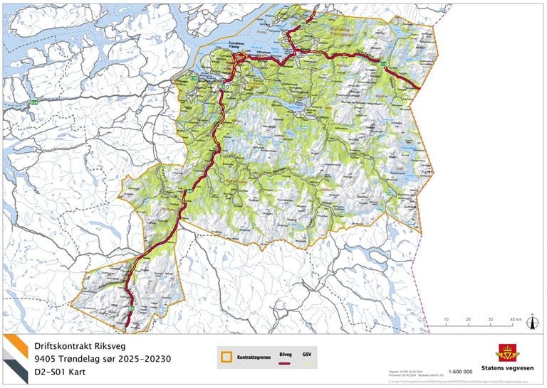 Kart som markerer strekningene i driftskontrakt "Riksveg 9405 Trøndelag sør 2025-2030".