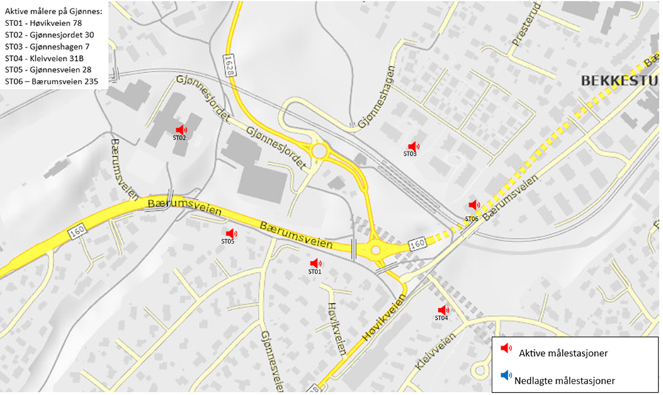 Kart over støymålere på Gjønnes. 