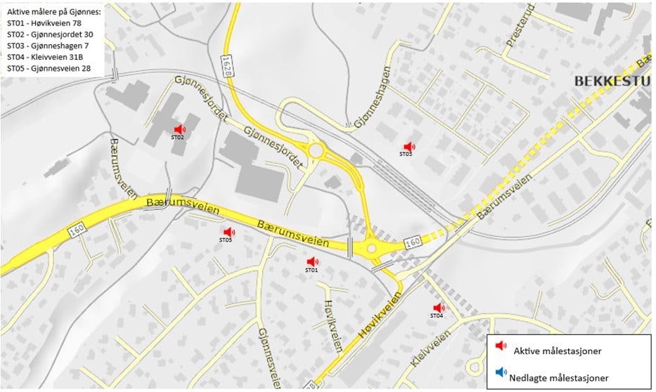 Kart over støymålere på Gjønnes. 