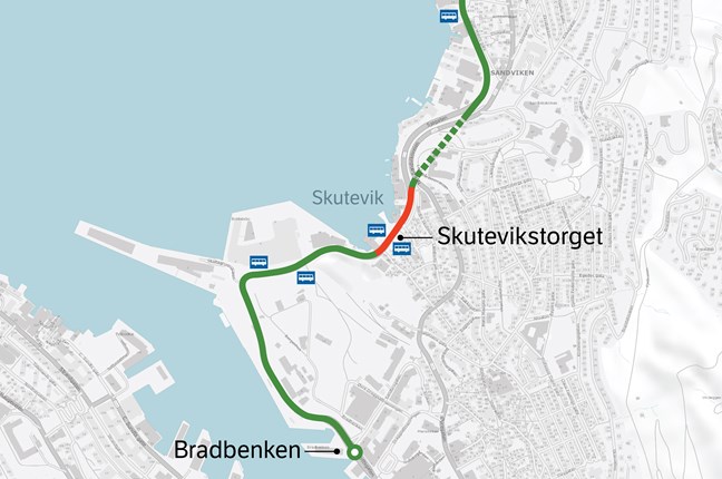 Kartutsnitt av den sørlige enden av Sykkelstamveg delstrekning 6 b og c. På kartet er det markert hvor den nye sykkelvegen vil gå, samt hvor busstoppene vil ligge og hvor det vil bli lysregulering. 