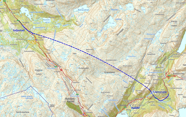 Kartet viser kvar den nye E134 mellom Røldal og Seljestad skal gå.