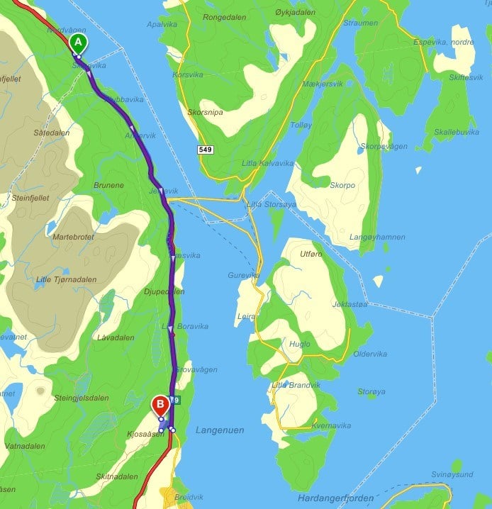 I dette området på Stord skal Statens vegvesen i oktober betra trafikktryggleiken. Kart: gulesider.no