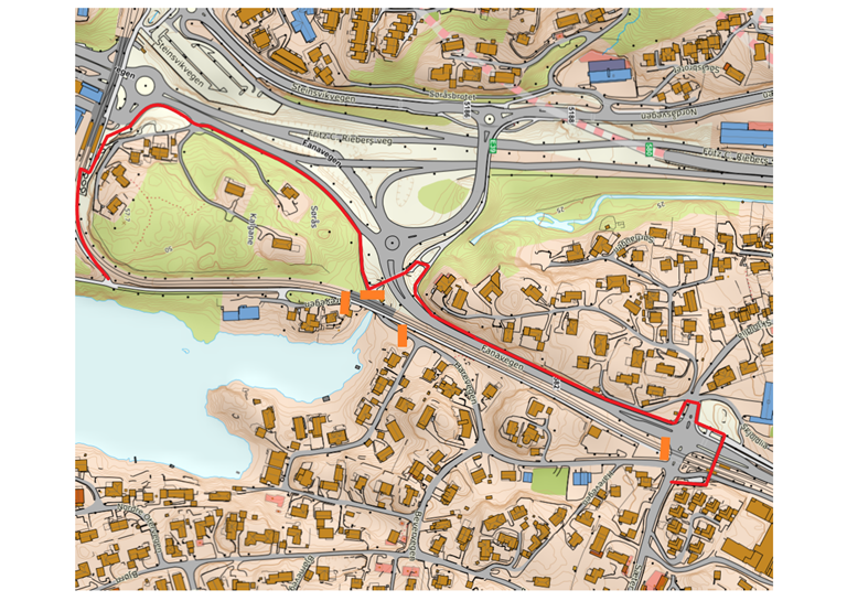 Bilde av et kart som viser alternativ gang- og sykkelveg som vil gå på vestsiden av Fanavegen, og hvor vegen vil bli stengt for ferdsel.