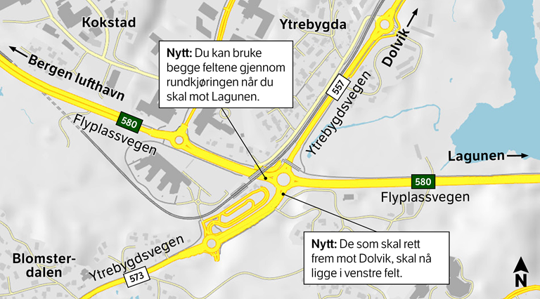 Kart som viser nytt køyremønster på rv. 580 Flyplassvegen ved Birkelandsskiftet. 