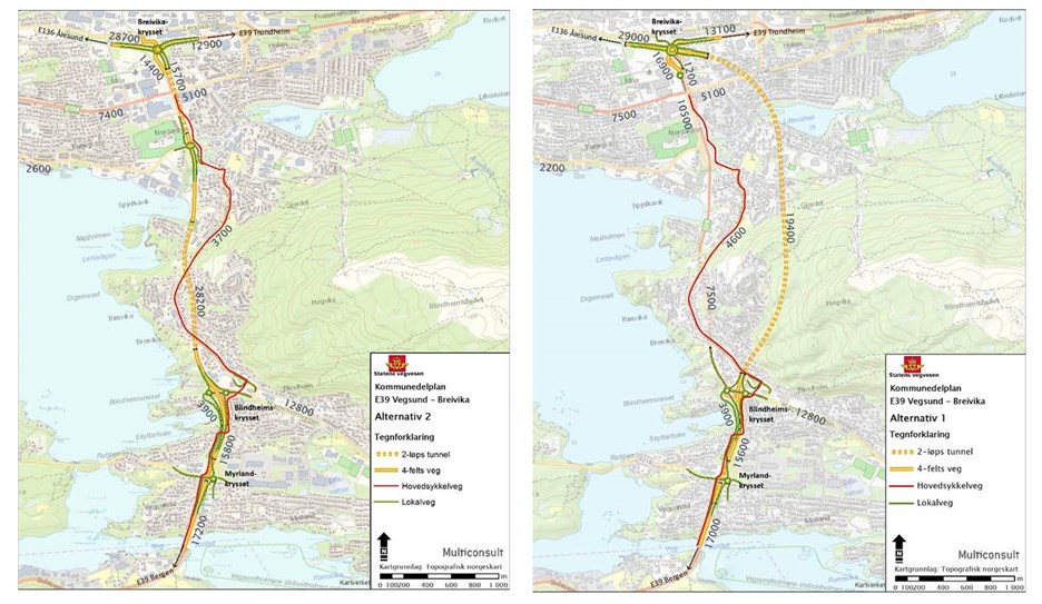 Bilde av alternativene. Anbefalt alternativ 2 til venstre, og alternativ 1 med lang tunnel til høyre.