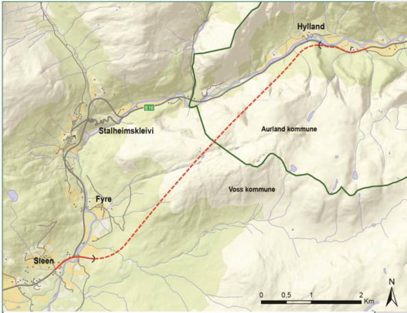 Bildet inneholder et kart som illustrerer hvor ny tunnel mellom Hylland og Slæn skal ligge.