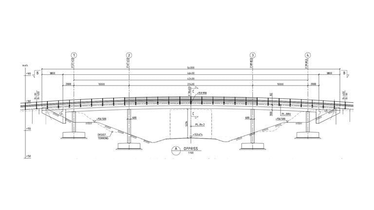Teknisk tegning av den nye Skrubberseng brua på rv. 2