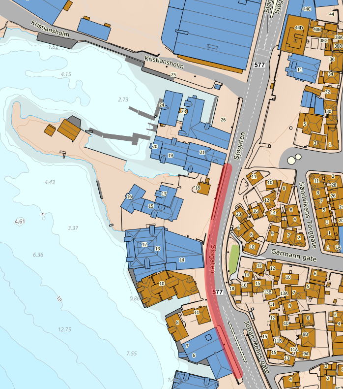 Bildet er eit kartutsnitt frå Sandviken. Den raude markeringa på kartet viser kvar det nye arbeidsområdet vil vere.