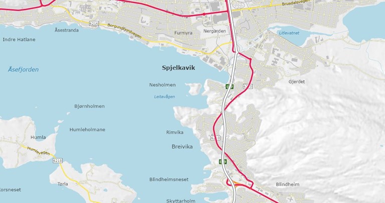 Kart som viser mulig omkjøring via via fv. 6210 markert med rødt. Kart: Statens vegvesen.