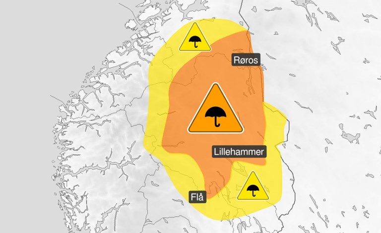 Kart som viser at farevarslene gjelder for deler av Østlandet og de sørligste delene av Trøndelag.