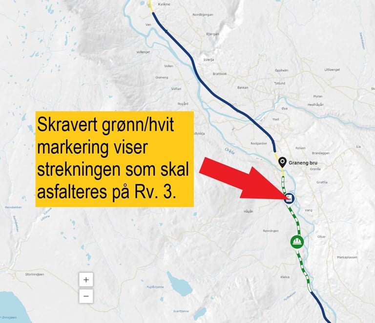 Kart som markerer hvor det asfalteres.