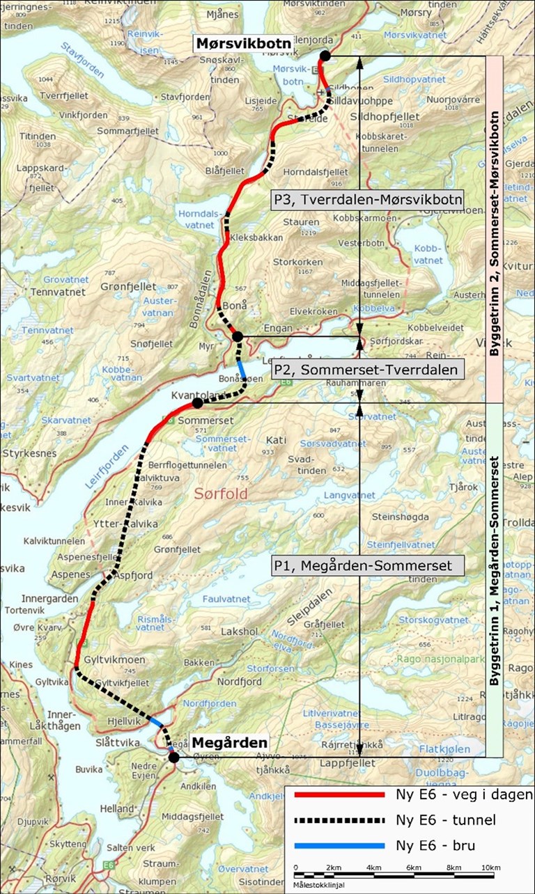 Illustrasjon som viser veitraséen til E6 Megården-Mørsvikbotn