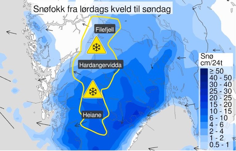 Det er sendt ut gult farevarsel for kraftig snøfokk på fjellovergangane i Sør-Noreg i helga. (Illustrasjon: Meteorologisk institutt)