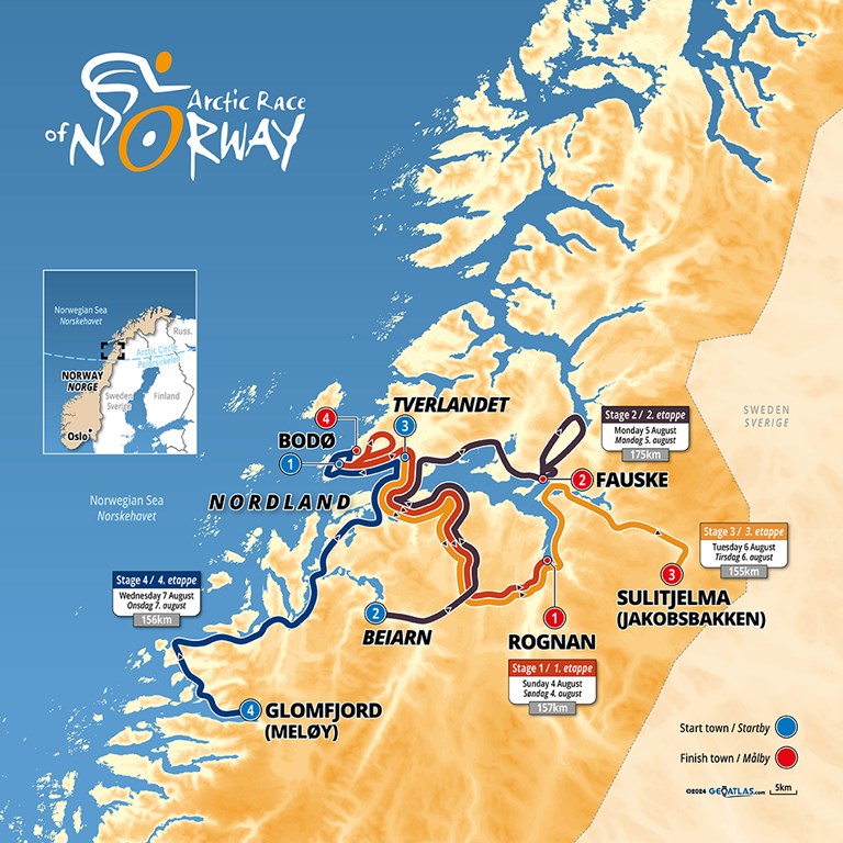 Kartillustrasjon av ruta for Arctic Race 2024.