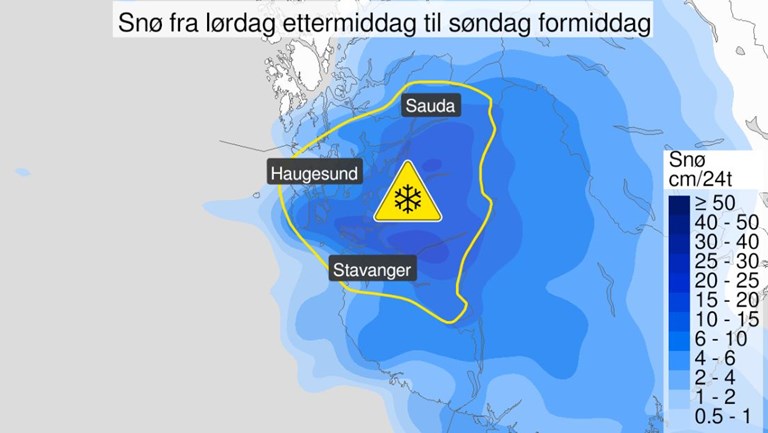 Det er sendt ut gult farevarsel om snø i deler av Rogaland det neste døgnet. Bildet viser kartillustrasjon fra varsom.no.