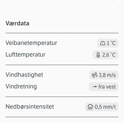 Skjermbilde fra appen Vegvesen trafikk som viser værinfo.