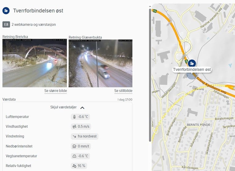 Skjermbildet fra desktop-versjonen til vegvesen.no/trafikk som viser hvilke værdata som er tilgjengelig for værstasjonene langs vegene.