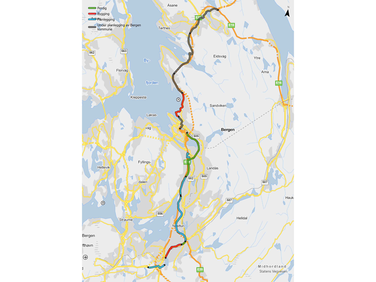 Kartillustrasjon av E39 Sykkelstamvegen i Bergen. Kartet viser sykkelvegens strekning frå Flesland i sør til Vågsbotn i nord.