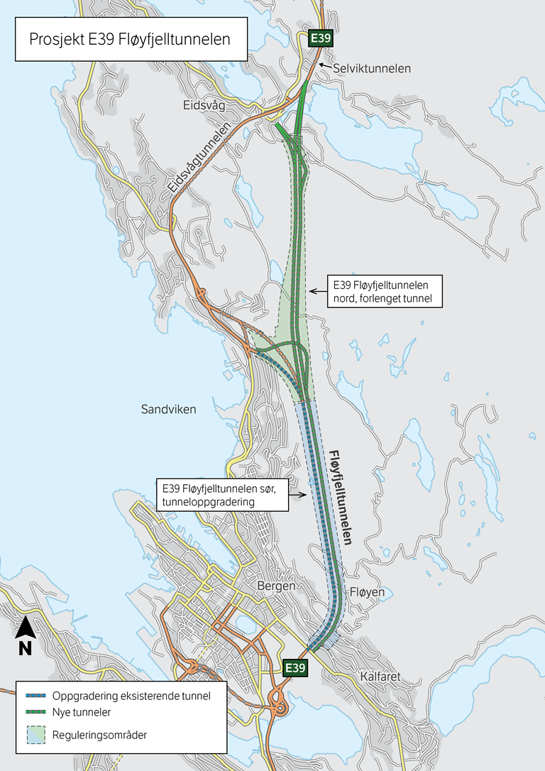 Kartskissen viser en totaloversikt over hvor eksisterende tunnel skal oppgraderes, markert med blått, og hvor det kommer nye tunneler, markert med grønt. 