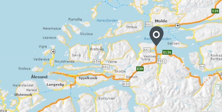 Kartplassering av ferjesambandet E39 Vestnes-Molde.