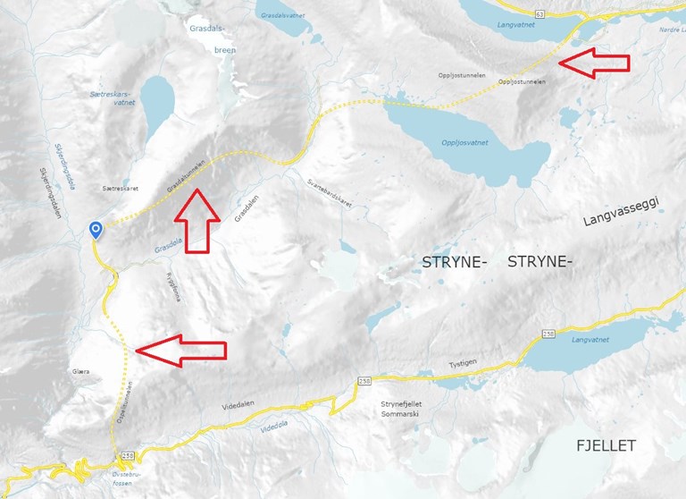 Dei tre Strynefjellstunnelane. Frå nedst til øvst Ospeli-, Grasdal- og Oppljostunnelen. Kart: Statens vegvesen