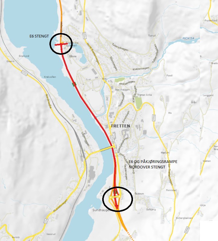 Kartet viser stengningspunktene, samt avkjøring E6 fra nord og sør for omkjøringsvei. Omkjøringen blir skiltet.