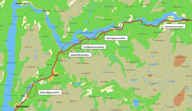 Oversiktskart over tunnelene som blir oppgradert ved Dale. E16 blir stengt ved Dalseidtunnelen på sida mot Dale.