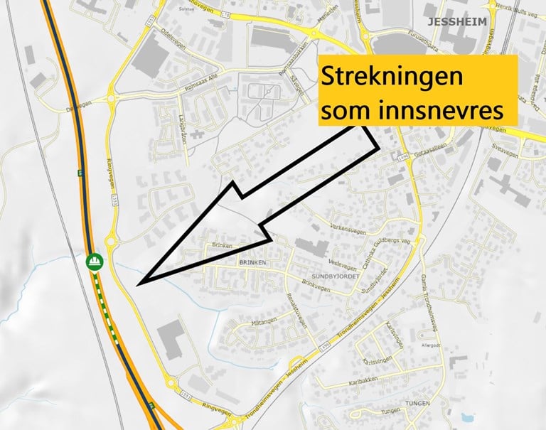 Kartet viser strekningen på E6 forbi som innsnevres.