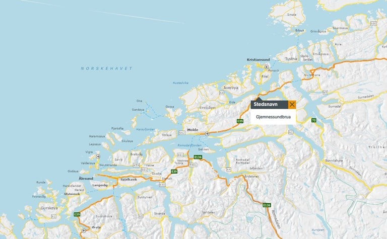 Kartplassering av E39 Gjemnessundbrua.