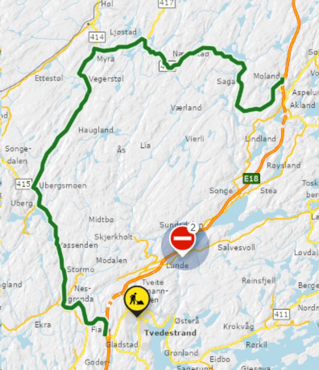 Kart som viser hvor E18 er stengt og omkjøringsveg. 