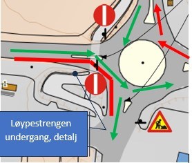 Kart som viser kjøremønster rundkjøring knyttet til arbeidene med Løypestrengen undergang.