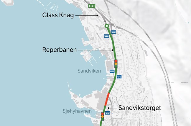 Bildet viser et kartutsnitt av den nordlige enden av Sykkelstamveg delstrekning 6 b og c. På kartet er det markert hvor den nye sykkelvegen vil gå, samt hvor busstoppene vil ligge og hvor det vil bli lysregulering.