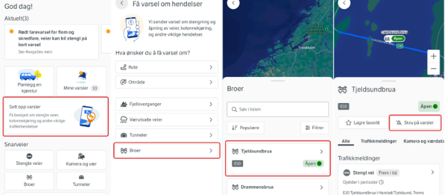 
Skjermdump av Vegvesentrafikk-appen som viser hvordan man kan sette opp varsel for broer.
