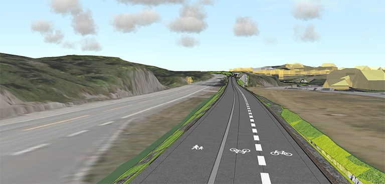 Illustrasjon som viser eit sykkelfelt i kvar retning og eit felt for gåande langs E39 på strekninga Heiane–Vabakkjen.
