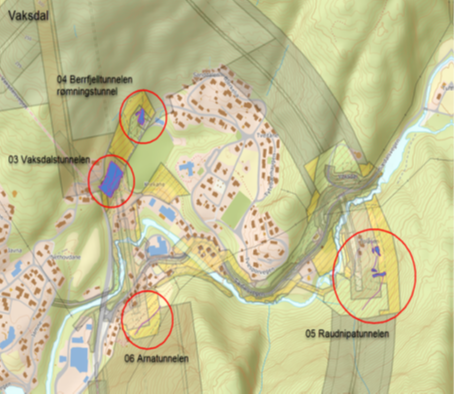 Kart over områder der det skal gå føre seg arbeid med berg- og skredsikring i Vaksdal. 