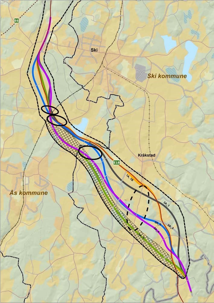 Kart over planområdet E18 Akershus grense - Vinterbro, med utvidelse for å kunne romme flere mulige trasevalg. 
