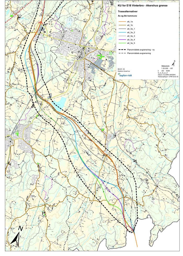 Kart over planområdet med aktuelle forslag til vegtraseer, per januar 2012.