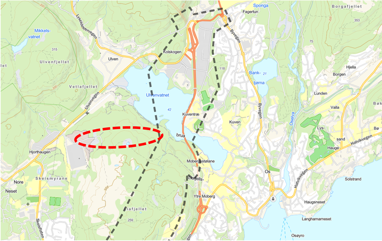 Kartet viser kor Statens vegvesen ynskjer å utvida planområdet i Bjørnafjorden kommune.