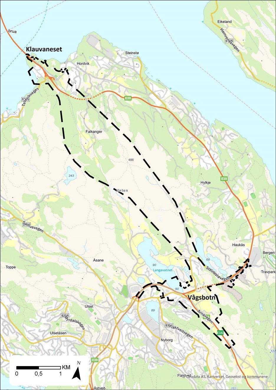 Bildet viser et kart over området mellom Klauvaneset og Vågsbotn i Bergen kommune. 